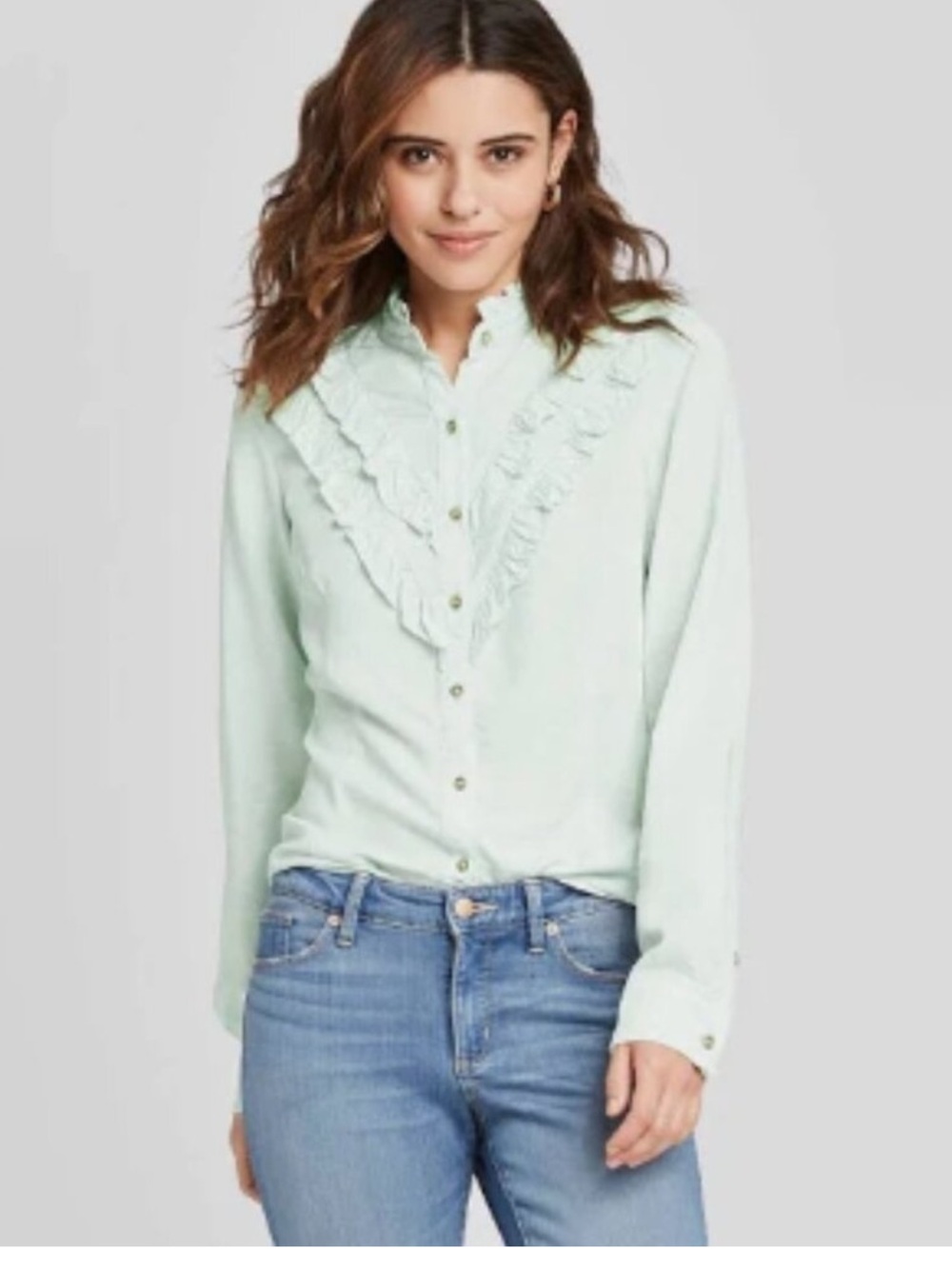Universal Thread's Light Green Ruffle button up 2x Euc